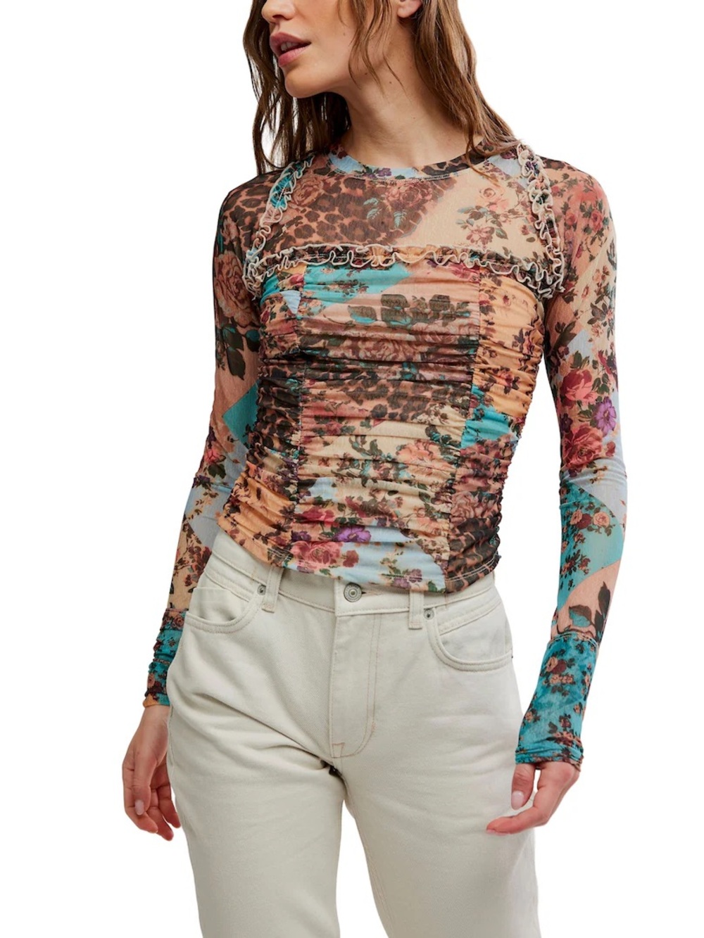 Free People Ruched Mesh Floral Patchwork Long Sleeve Top - Teal, Peach, Brown